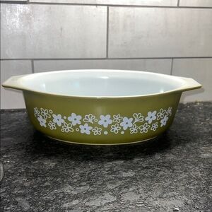 Vintage Pyrex Floral Spring Blossom or Crazy Daisy Casserole Dish - Olive Green
